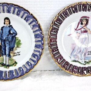 ANTIQUE RARE Portrait Plates ~ Pinkie + Blue Boy ~ LUSTERWARE GOLD ~ RETICULATED